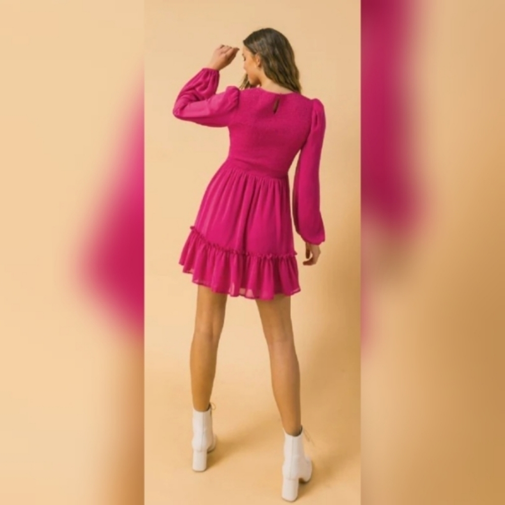 Crewneck Long Sleeve Smocked Ruffle Hem Dress A-Line Flowy Mini Tiered D… - Picture 6 of 10